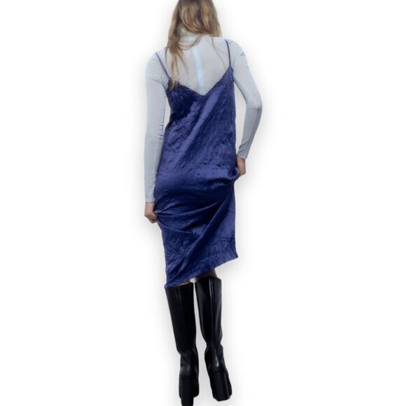 Zara Wrinkled Satin Effect Slip Dress V-Neck Midi Navy Blue US S - Picture 4 of 7